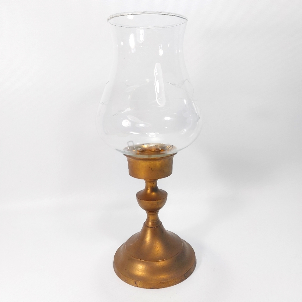 Vintage Solid Brass India Taper Candlestick w Hurricane Etched Glass Chimney